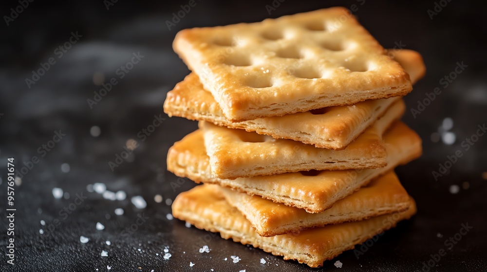 Stack of Square Crackers with Salt on a Black Surface Stack of Square Crackers with Salt on a Black Surface