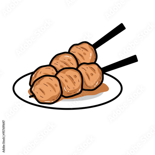 Bakso bakar, baso bakar, sate, satay, pentol, Grilled meatballs with peanut sauce, Barbeque vector logo Illustration.