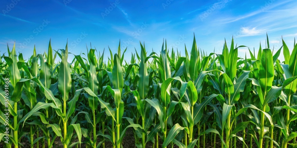 Field of vibrant green corn stalks under a clear blue sky, cornfield, agriculture, farming, rural, countryside, nature, crop Field of vibrant green corn stalks under a clear blue sky, cornfield, agriculture, farming, rural, countryside, nature, crop