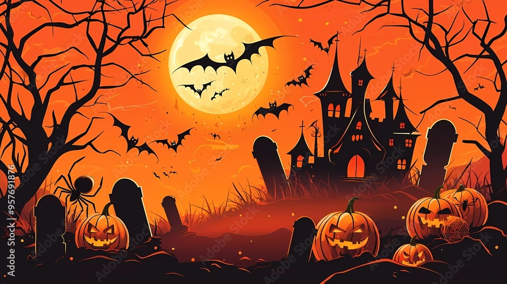 Spooky card for Halloween. Orange background with full moon, tombstones, spiders, castle and bats. Halloween party with pumpkins. Vector illustration. Spooky card for Halloween. Orange background with full moon, tombstones, spiders, castle and bats. Halloween party with pumpkins. Vector illustration.