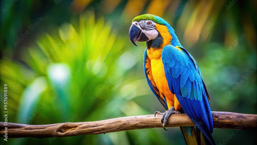 Fototapeta premium Vibrant blue and yellow macaw perched on a branch, tropical bird
