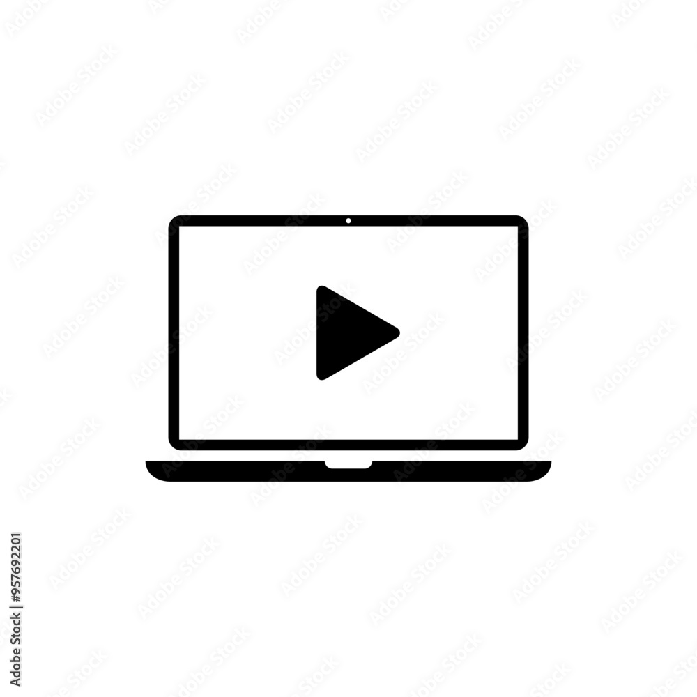 Play button on laptop screen icon. Video player on computer display concept Play button on laptop screen icon. Video player on computer display concept