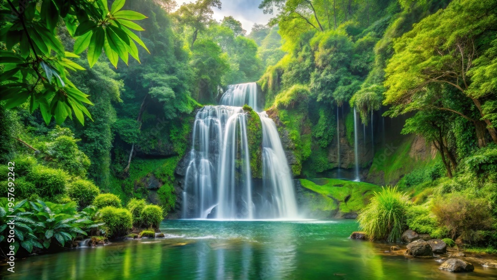 Lush green vegetation surrounds a magnificent waterfall in a tranquil natural setting, waterfall, lush, vegetation, green Lush green vegetation surrounds a magnificent waterfall in a tranquil natural setting, waterfall, lush, vegetation, green
