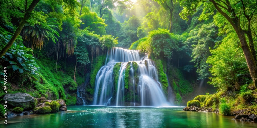 Peaceful waterfall surrounded by vibrant green lush vegetation, nature, waterfall, green, lush, tropical, serene Peaceful waterfall surrounded by vibrant green lush vegetation, nature, waterfall, green, lush, tropical, serene