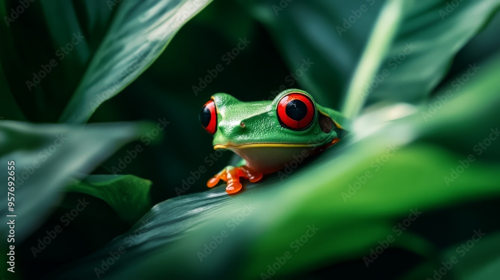 Vibrant red-eyed tree frog perched on a leaf in a lush rainforest, showcasing its vivid green and orange colors. Vibrant red-eyed tree frog perched on a leaf in a lush rainforest, showcasing its vivid green and orange colors.