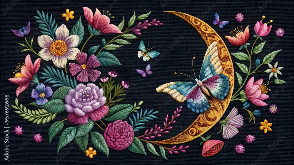 Moon butterfly flowers embroidery art design for stock photo, moon, butterfly, flowers, embroidery, art, design Moon butterfly flowers embroidery art design for stock photo, moon, butterfly, flowers, embroidery, art, design