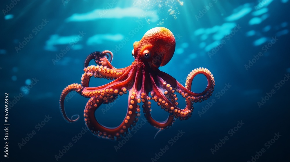 Naklejka premium Vibrant underwater photo of red octopus swimming gracefully, illuminated by sunlight rays, showcasing marine beauty and ocean life.