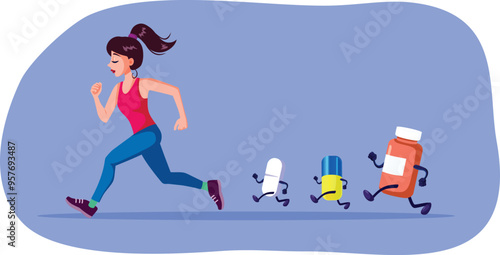 Healthy Woman Running Away from Pills Vector Cartoon illustration. Cheerful woman being in shape jogging with energy
