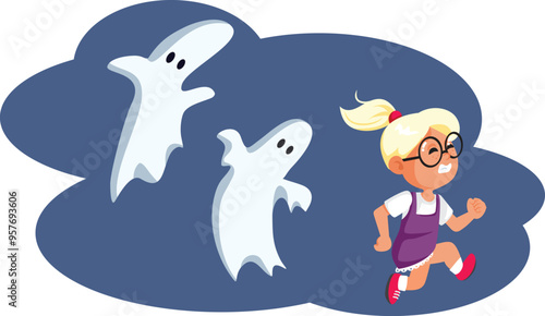 Little Girl Running from Ghosts Vector Cartoon Illustration. Child having a Halloween nightmare of being chased by spirits 

