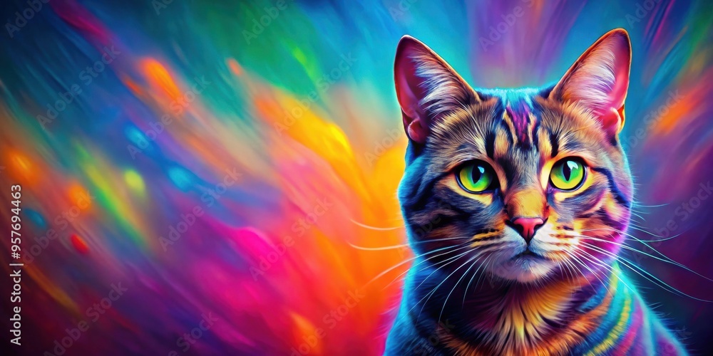 Abstract colorful cat with alert expression on vibrant background, cat, alert, colorful, abstract, vibrant, animal, pet, feline Abstract colorful cat with alert expression on vibrant background, cat, alert, colorful, abstract, vibrant, animal, pet, feline