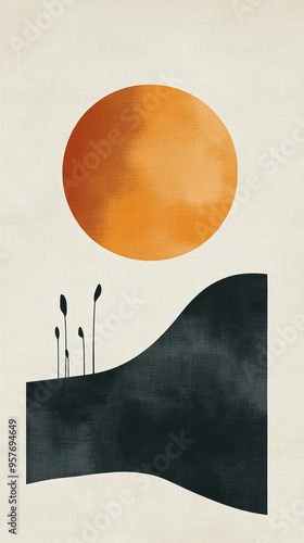 Abstract Minimalist Landscape with a Large Orange Circle and Black Hill photo