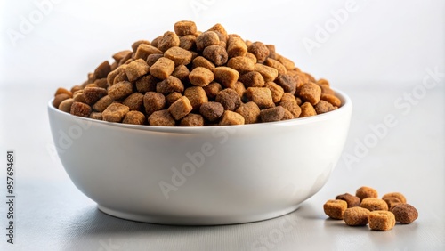 A white bowl holds brown and white dry dog food kibble on a light background, simple and unassuming.