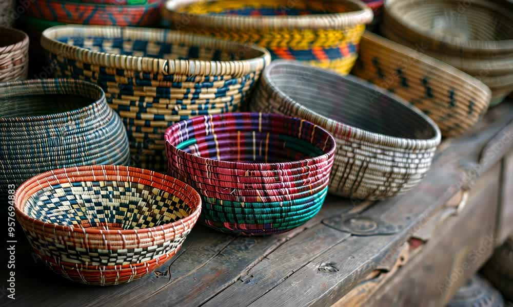 Colorful woven baskets on display, featuring intricate patterns and various sizes. Colorful woven baskets on display, featuring intricate patterns and various sizes.