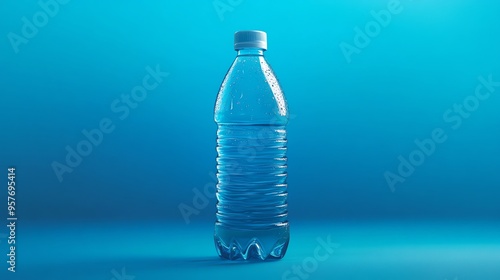 A Single Water Bottle with Droplets on a Blue Background