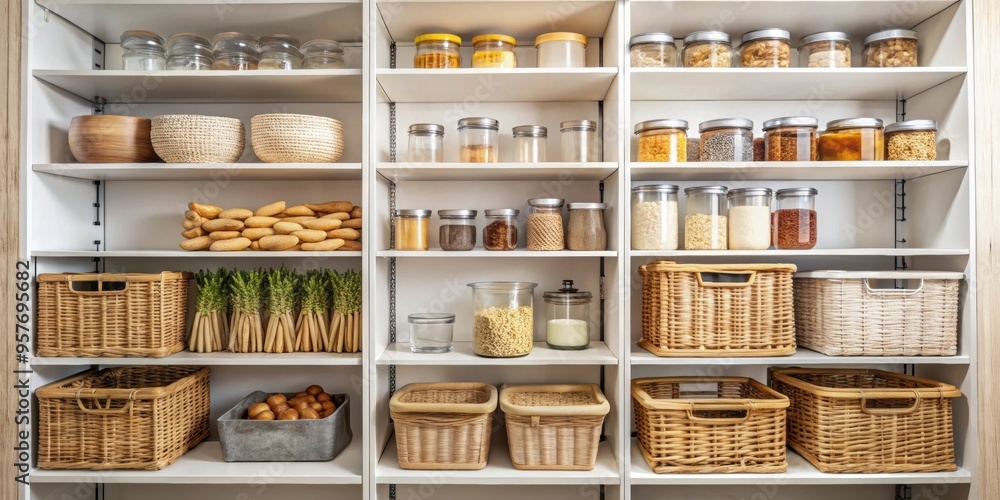 Modern pantry organization with wicker baskets and neutral tones, pantry, organization, modern, wicker baskets Modern pantry organization with wicker baskets and neutral tones, pantry, organization, modern, wicker baskets