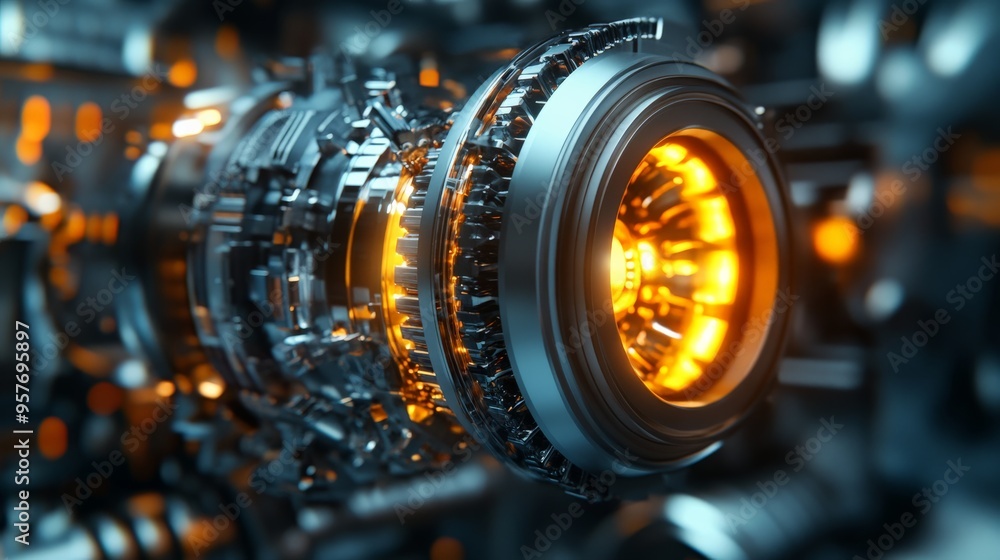 Close-up view of a futuristic industrial machine with glowing orange lights, showcasing intricate mechanical details. High-tech engineering concept. Close-up view of a futuristic industrial machine with glowing orange lights, showcasing intricate mechanical details. High-tech engineering concept.