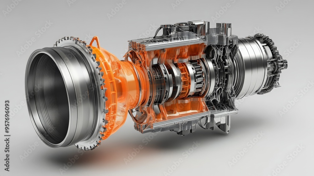 Detailed 3D rendering of a high-tech jet engine, showcasing its intricate internal components and mechanical design. Detailed 3D rendering of a high-tech jet engine, showcasing its intricate internal components and mechanical design.