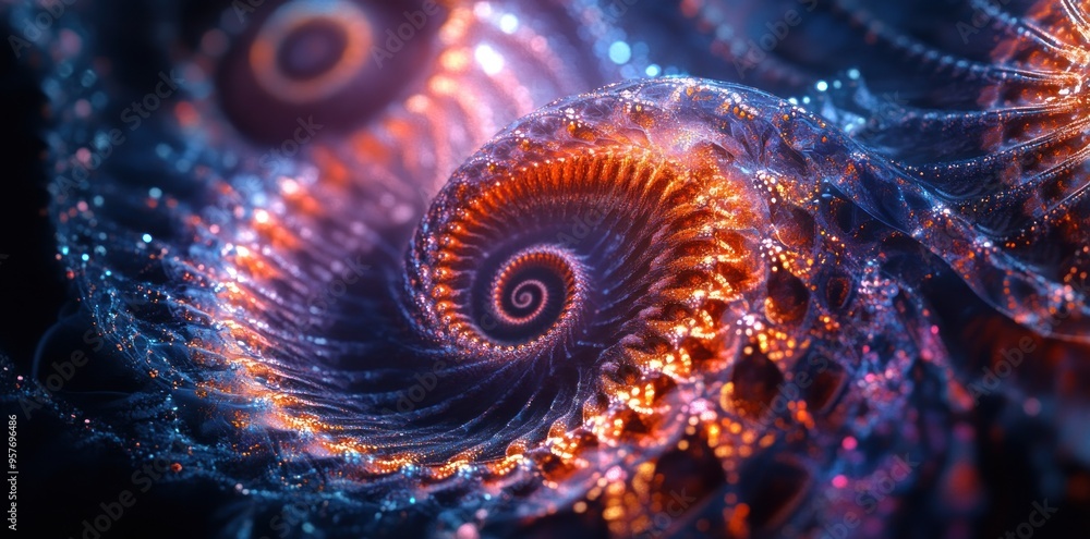 A Close-Up of a Glimmering, Abstract Spiral with Orange and Blue Tones A Close-Up of a Glimmering, Abstract Spiral with Orange and Blue Tones