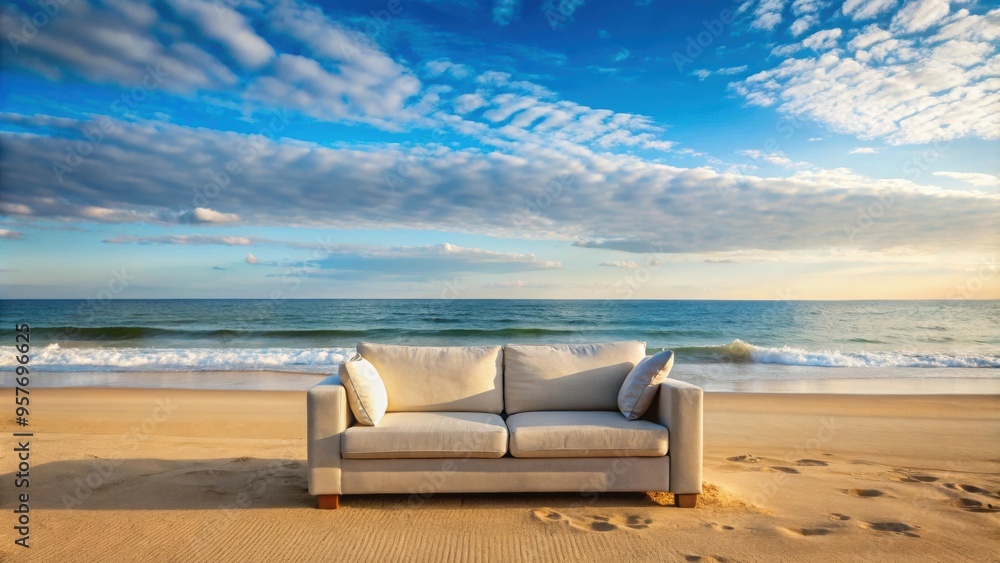 Sofa placed on a sandy beach with ocean in background, sofa, beach, ocean, relax, vacation, travel, leisure, furniture Sofa placed on a sandy beach with ocean in background, sofa, beach, ocean, relax, vacation, travel, leisure, furniture