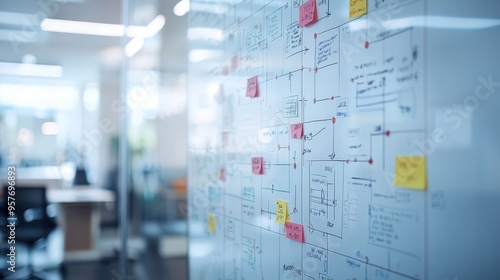 Business plan flowchart on a whiteboard in a conference room, collaborative planning session photo