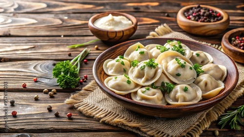 Homemade Ukrainian dumplings on a rustic wooden surface, Ukrainian, food, cuisine, traditional, homemade, tasty photo