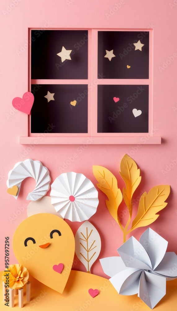 Paper cutouts of a cute yellow heart with eyes, flowers and leaves with stars and hearts in a pink window. Paper cutouts of a cute yellow heart with eyes, flowers and leaves with stars and hearts in a pink window.