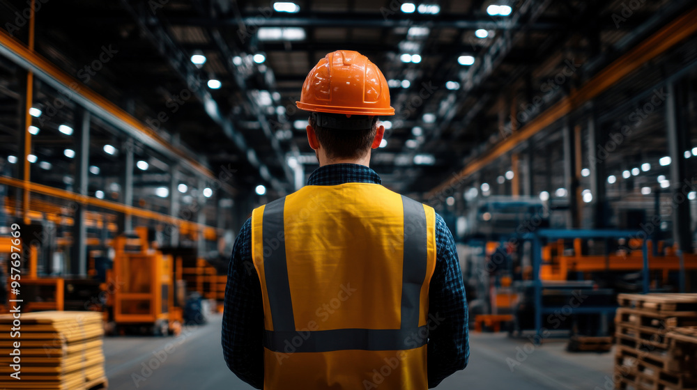 A worker wearing safety gear stands in a large industrial warehouse, focusing on the environment and machinery around. A worker wearing safety gear stands in a large industrial warehouse, focusing on the environment and machinery around.