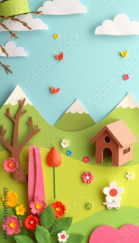 Papercraft landscape with a house, mountains, tree, and flowers.