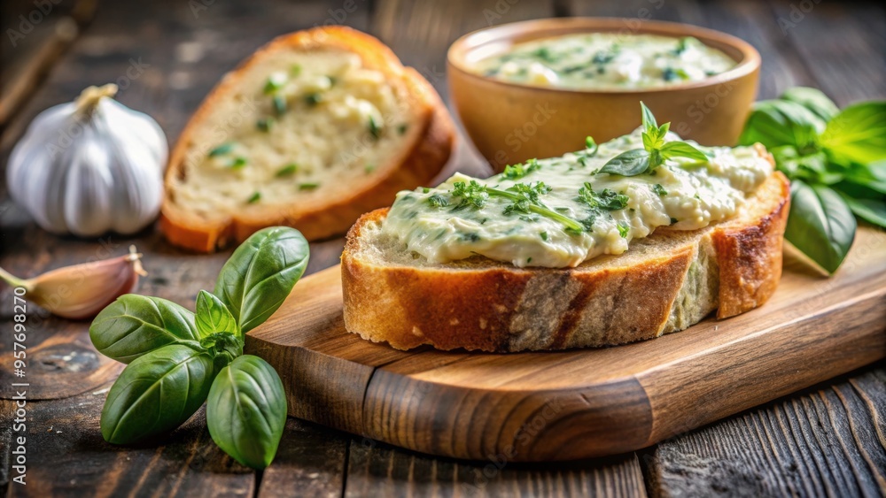 Freshly made garlic butter basil spread on a slice of crusty bread, garlic, butter, basil, spread, homemade, cooking Freshly made garlic butter basil spread on a slice of crusty bread, garlic, butter, basil, spread, homemade, cooking