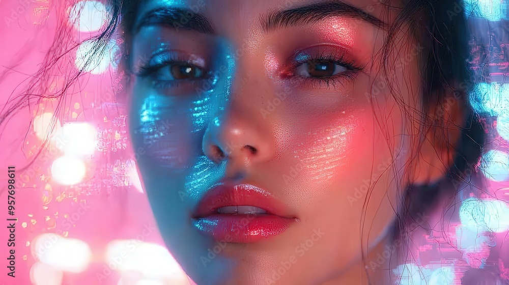 Trendy beauty blogger applying blush, vivid and energetic digital backdrop with animated patterns and lights. Trendy beauty blogger applying blush, vivid and energetic digital backdrop with animated patterns and lights.