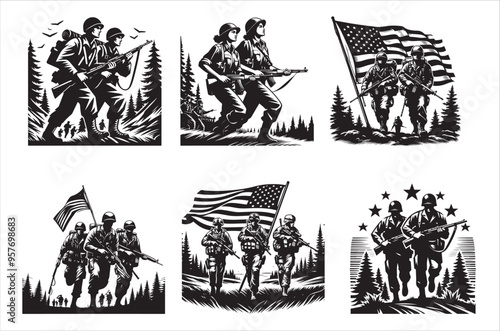 Silhouettes of Army Combat Soldiers, soldiers Vector bundle, Silhouette, Veteran Soldier vector. 