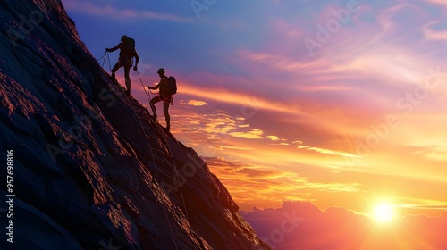 Silhouette of people hiking up on the top of the mountain, sun set sky, endurance, persistence, resilience, motivation banner, wallpaper HD