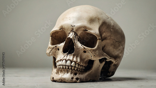 A highly detailed human skull, hand-drawn with fine lines, set against a plain white background photo