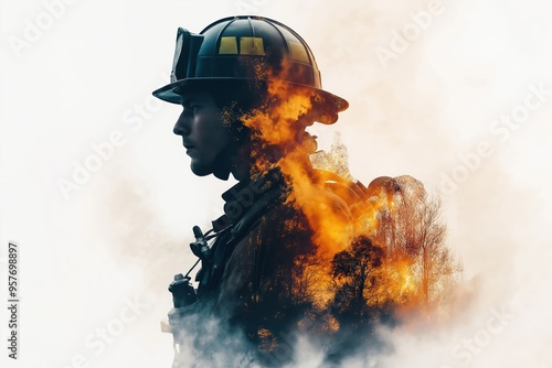 Firefighter looking away with burning forest double exposure