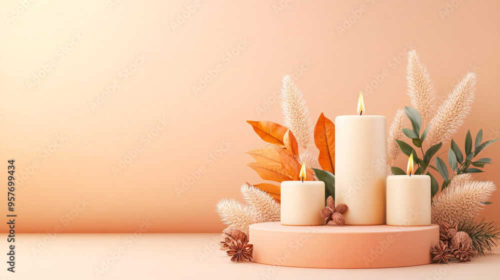 A cozy and inviting scene with three white candles on a peach-colored podium, surrounded by autumnal foliage, dried grasses, and pine cones. Perfect for creating a warm and inviting atmosphere A cozy and inviting scene with three white candles on a peach-colored podium, surrounded by autumnal foliage, dried grasses, and pine cones. Perfect for creating a warm and inviting atmosphere