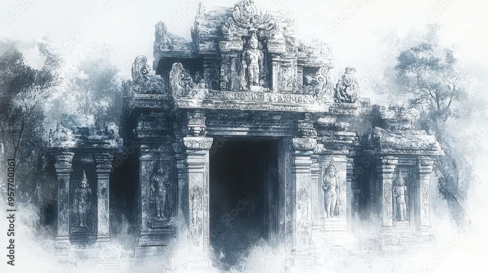 Mysterious Ancient Stone Temple Ruins Situated in a Mystical Foggy Forest Setting with Intricate Carvings and Historical Significance Mysterious Ancient Stone Temple Ruins Situated in a Mystical Foggy Forest Setting with Intricate Carvings and Historical Significance