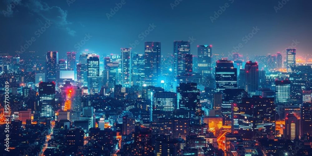 Fototapeta premium Urban skyline of a night city with illuminated buildings and glowing city lights, illustrating metropolitan nightlife and architecture