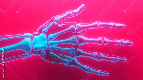 Neontinted anatomical diagram of the human hand, 3D illustration photo