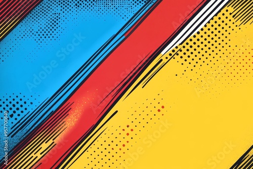 Abstract colorful background with yellow, blue, red, and black stripes and dots. photo