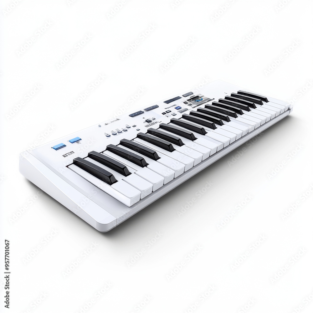 Compact electronic keyboard MIDI controller with black and white keys, placed on a clean white background, ideal for music production. Compact electronic keyboard MIDI controller with black and white keys, placed on a clean white background, ideal for music production.