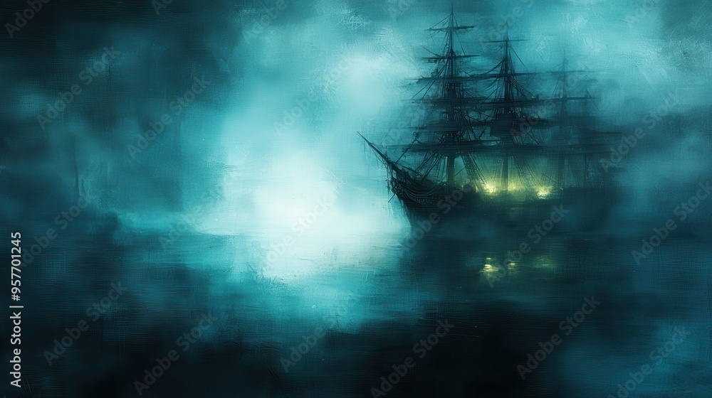 Ghost Ship in Foggy Sea Nautical Fantasy Artwork Ghost Ship in Foggy Sea Nautical Fantasy Artwork