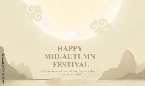 Hand painted Mid-Autumn horizontal illustration moire and moon background is landscape painting