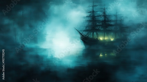 Ghost Ship in Foggy Sea   Nautical Fantasy Artwork photo