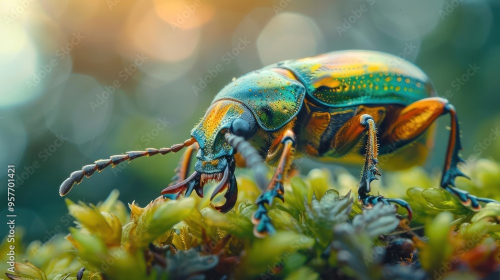 Naklejka premium A close-up of a multicolored beetle, possibly a green jewel beetle,