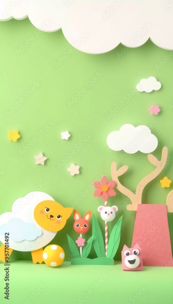 Paper cut out animals with bright colors and white clouds on a green background. Paper cut out animals with bright colors and white clouds on a green background.
