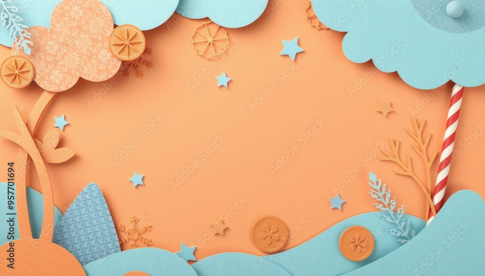 Blue and orange paper cut-out design on peach background with copy space. Blue and orange paper cut-out design on peach background with copy space.