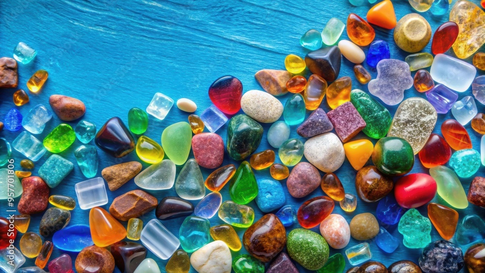 Colorful composition with stones and glass shapes on blue background, perfect for wallpaper or background, colorful, stones Colorful composition with stones and glass shapes on blue background, perfect for wallpaper or background, colorful, stones