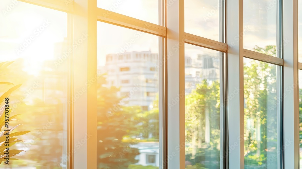 Naklejka premium Sunlight Through Modern Window With Blurred Cityscape View