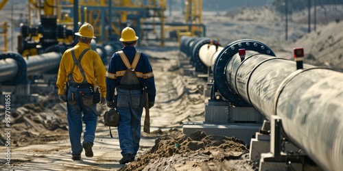 Engineers inspecting pipelines and equipment at a gas exploration site, ensuring safety and efficiency