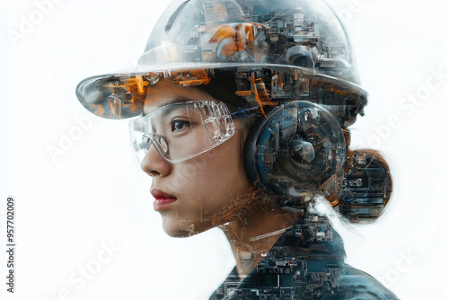 Female engineer wearing hardhat and safety goggles with double exposure of industrial factory photo